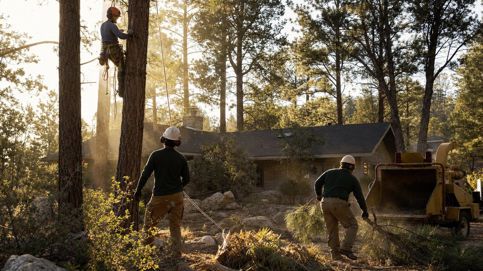Morgan Tree Service crew removing a ponderosa pine at a Prescott home