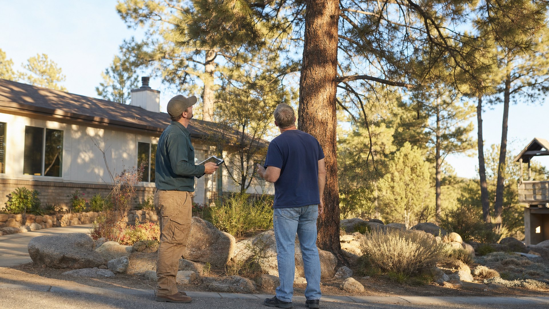 Morgan Tree Service walking a Prescott property with a homeowner to price a pine