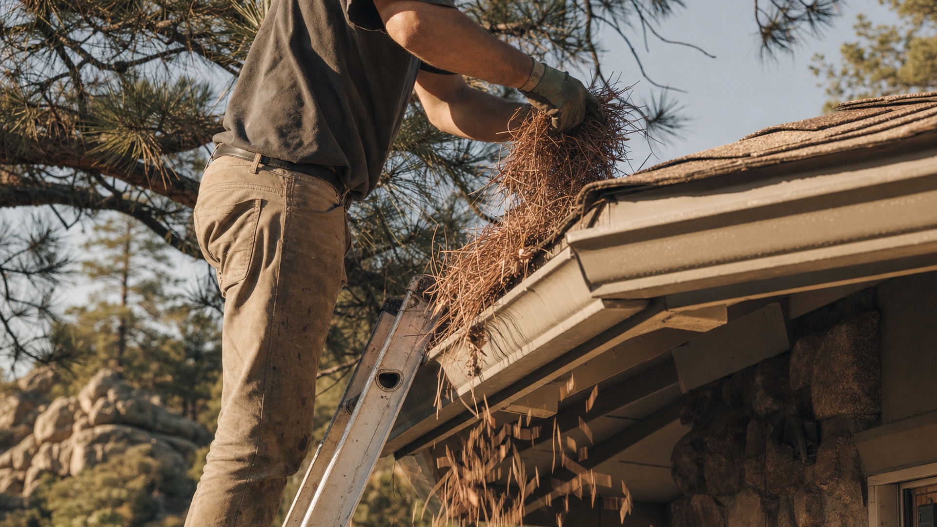 Handful of ponderosa pine needles being pulled out of a residential rain gutter