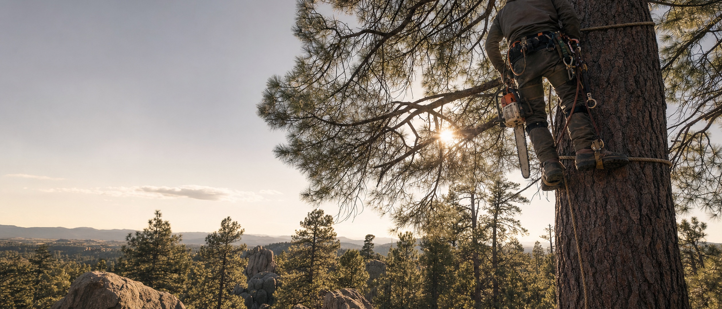 Climber roped high in a large ponderosa pine near Prescott, Arizona