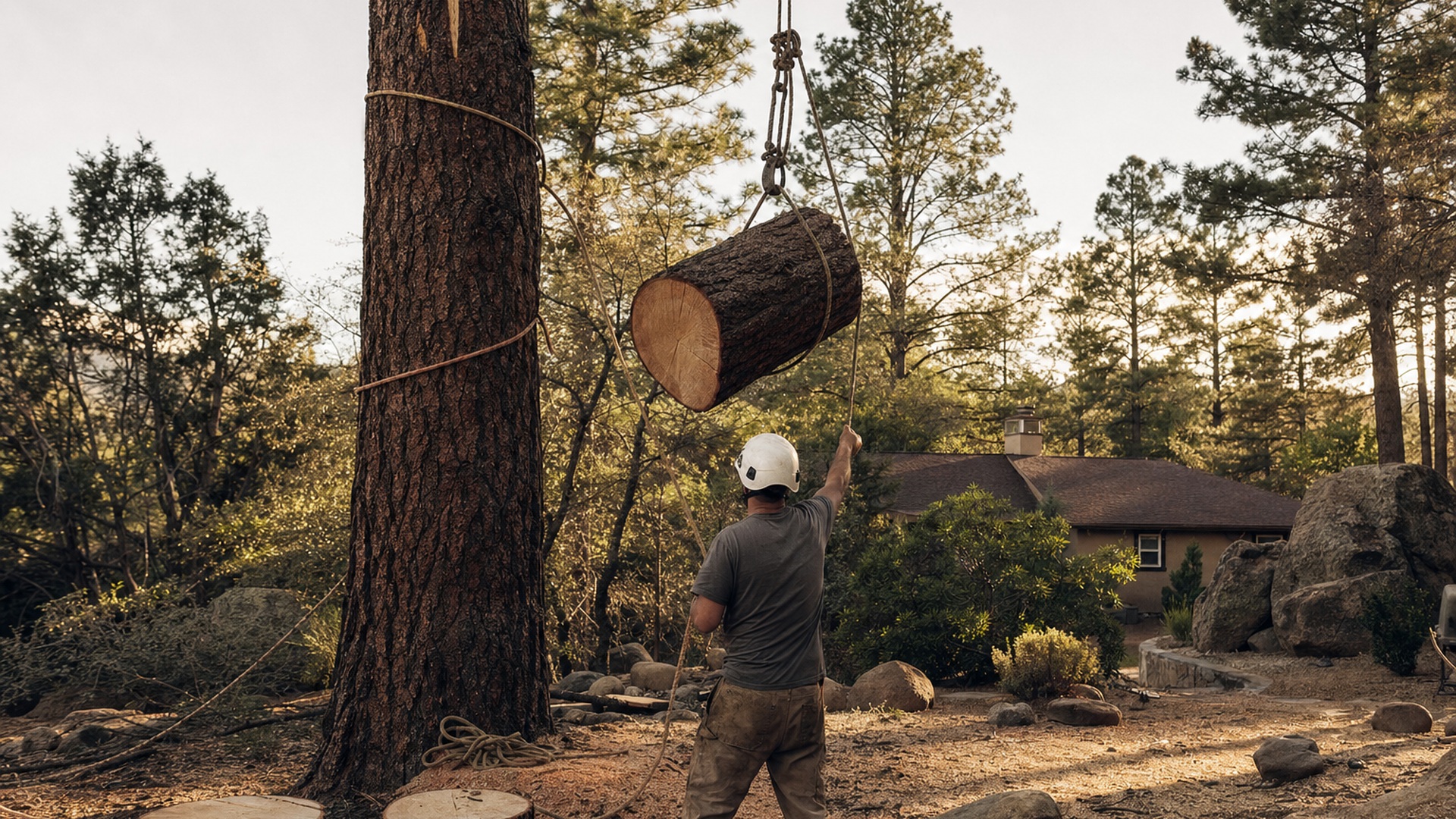 Large pine trunk section being lowered on rigging ropes during a residential removal