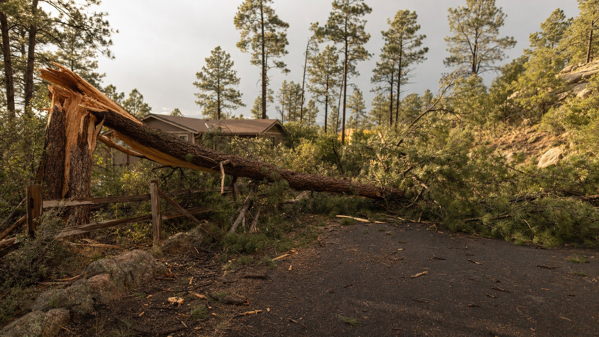 Large ponderosa pine snapped and fallen across a residential driveway after a storm