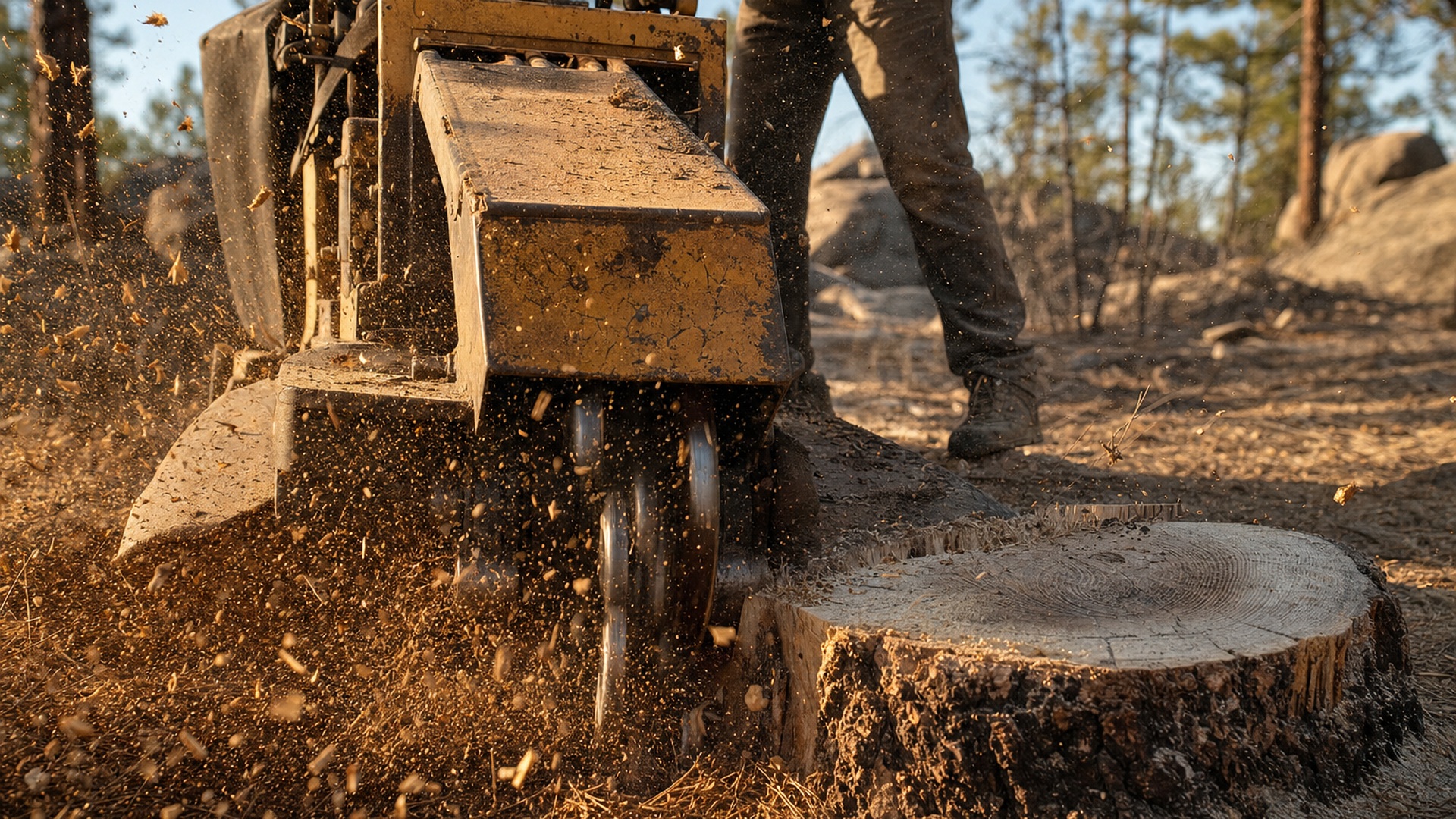 Stump grinder cutting into a large pine stump with wood chips flying