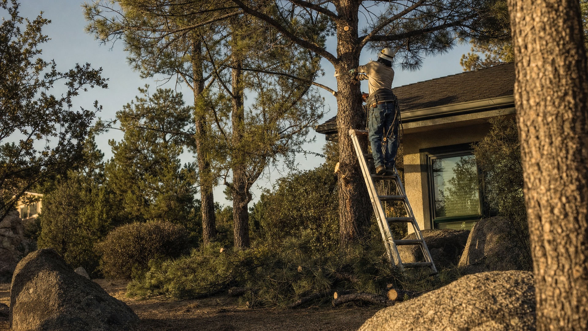 Worker making a pruning cut on a limb above a residential roofline