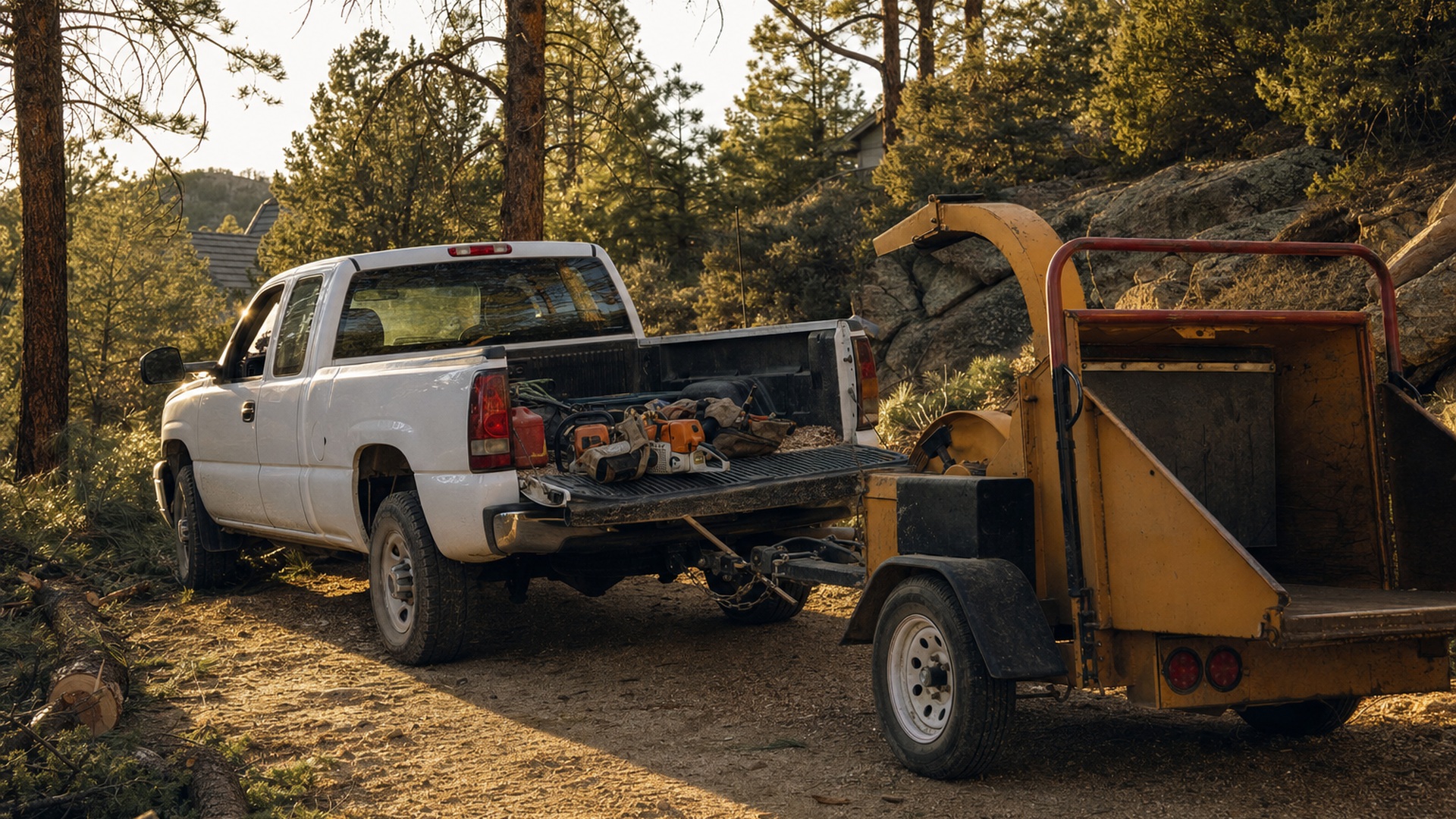 Work pickup and wood chipper parked on a dirt driveway in the pines at the end of a workday